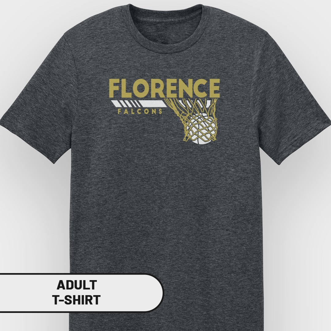 Dark gray adult t-shirt with "Florence Falcons" and a basketball in a net graphic.
