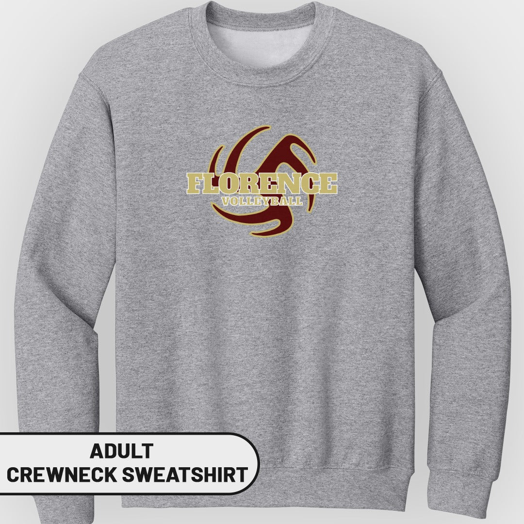 Gray adult crewneck sweatshirt with Florence Volleyball graphic and text.