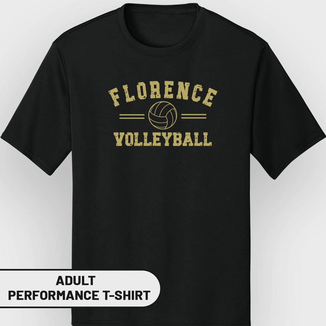 Black adult performance t-shirt with "Florence Volleyball" text and a volleyball graphic.