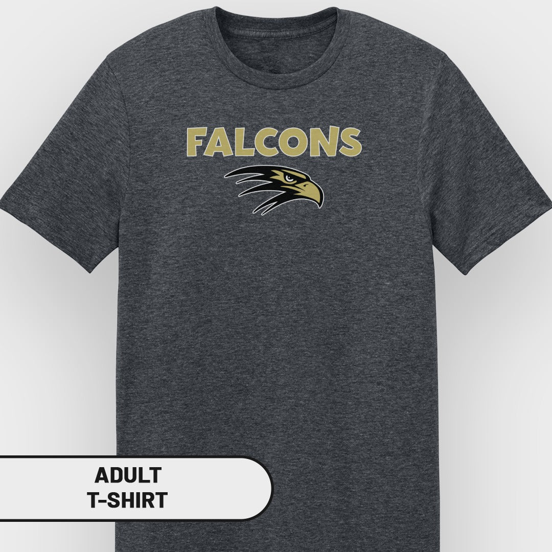 Dark gray adult t-shirt with gold "FALCONS" text and a hawk logo.