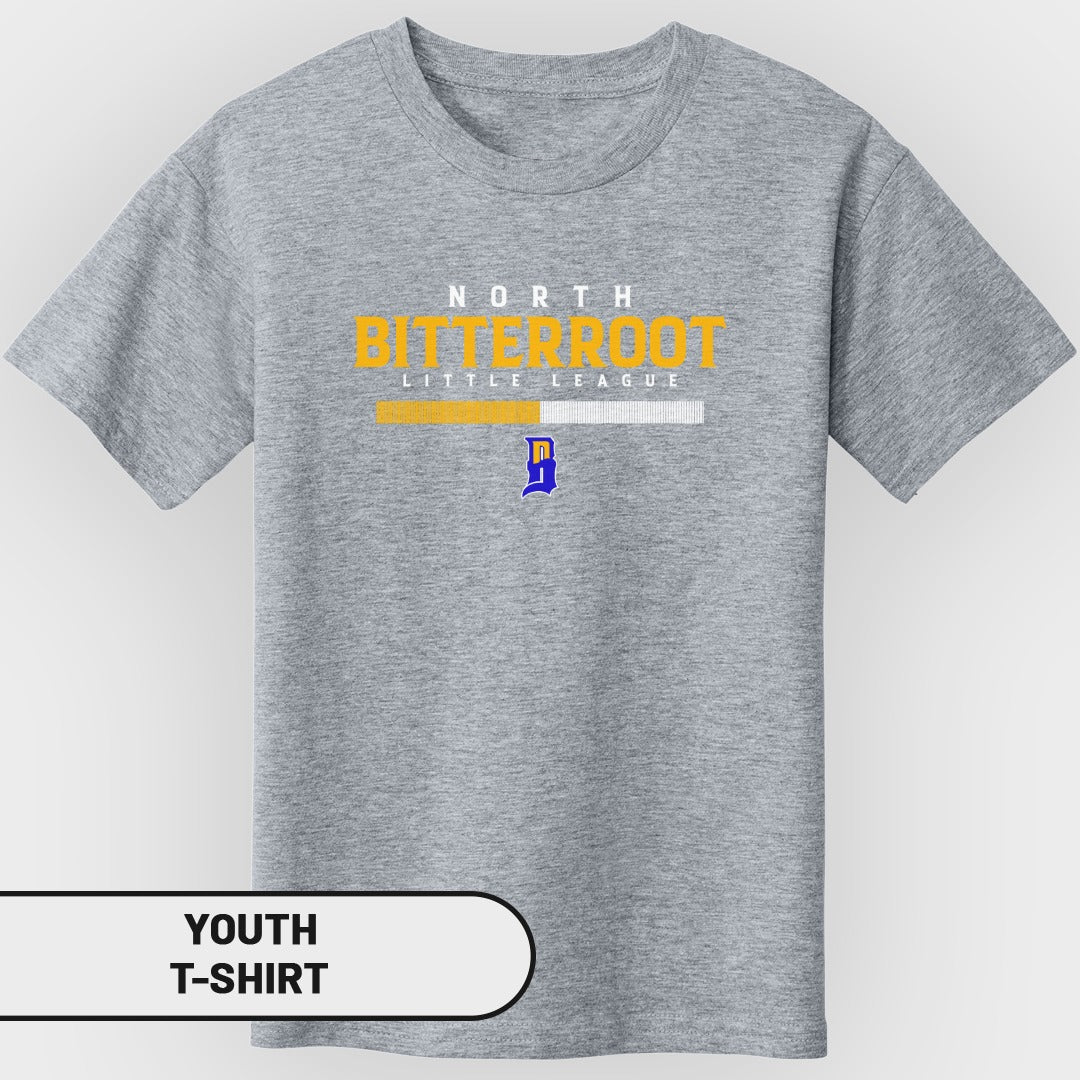 Youth gray t-shirt with "North Bitterroot Little League" text and logo.