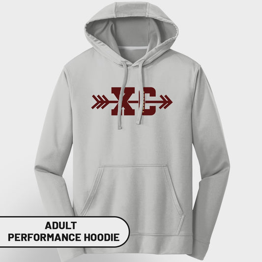 Light grey adult performance hoodie with maroon XC logo and arrows.