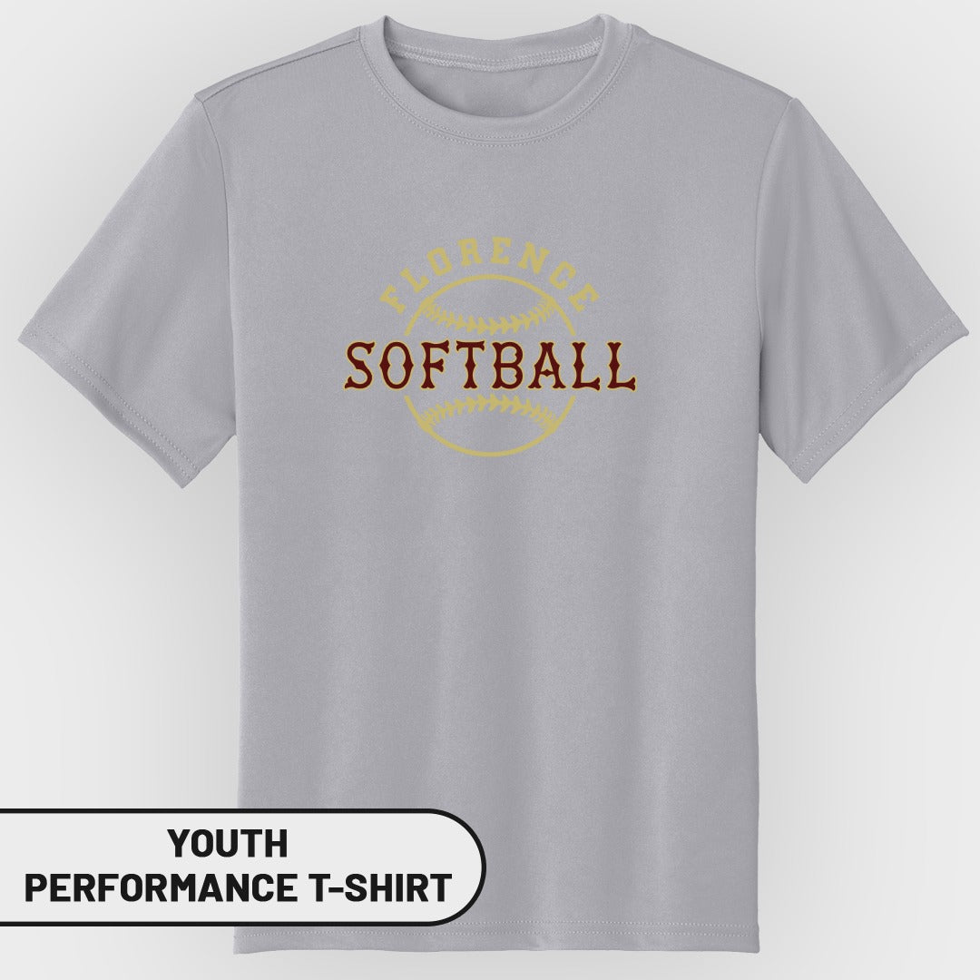 Grey youth performance t-shirt with "Florence Softball" text design.