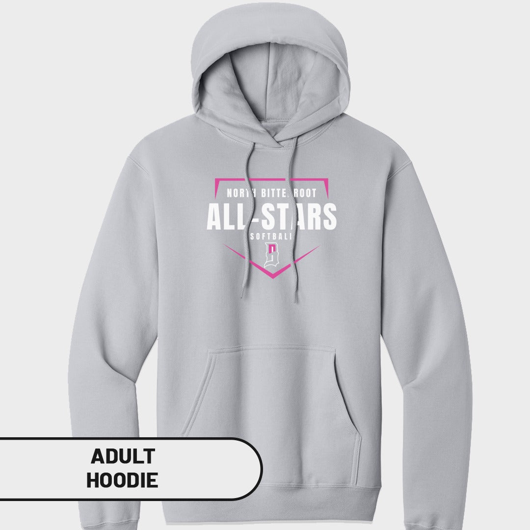 Grey adult hoodie with "North Bite Root All-Stars Softball" text and logo.