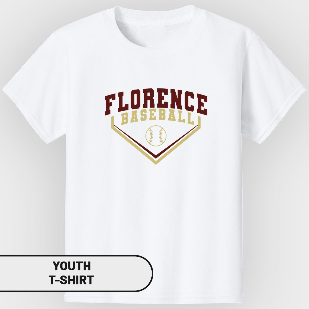 White youth t-shirt with "Florence Baseball" graphic and baseball.