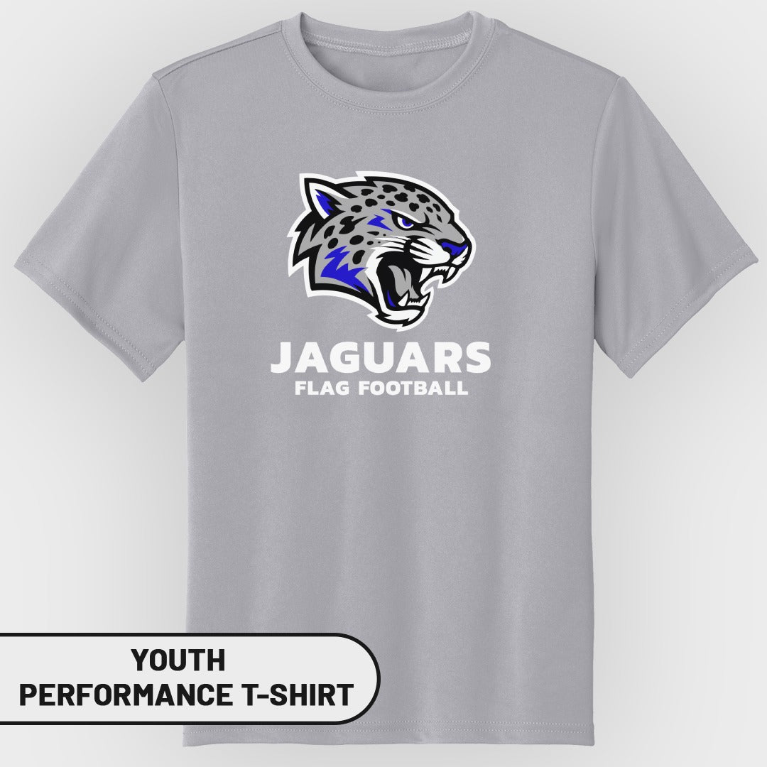 Youth gray performance t-shirt with Jaguars flag football logo.