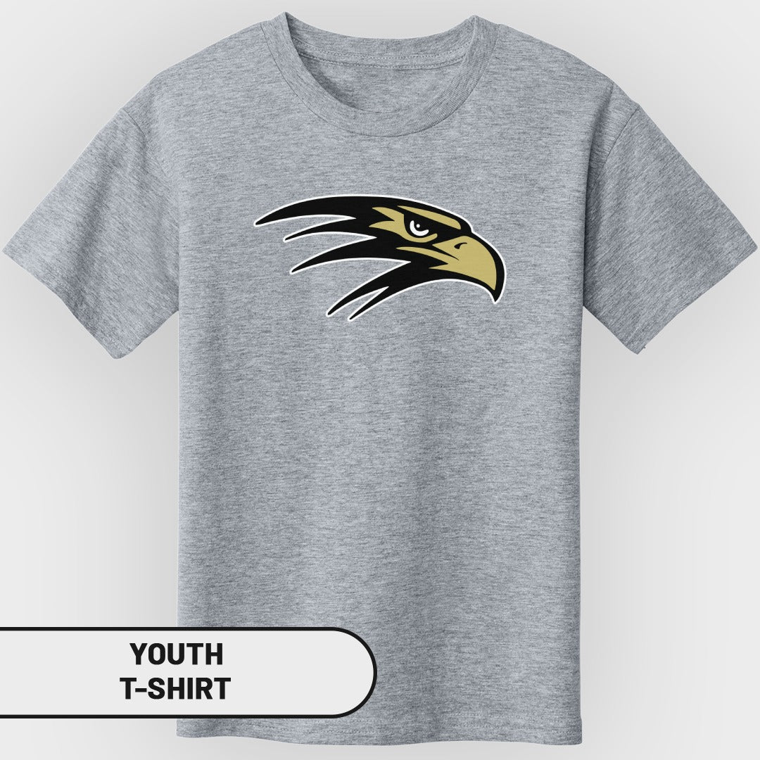 Youth grey t-shirt with a black and gold hawk logo.