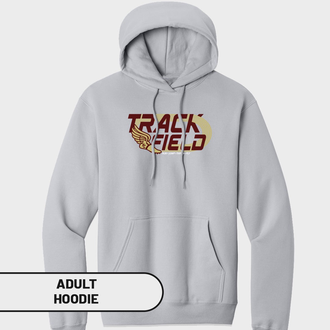 Light gray adult hoodie with "TRACK FIELD" logo and winged foot graphic.