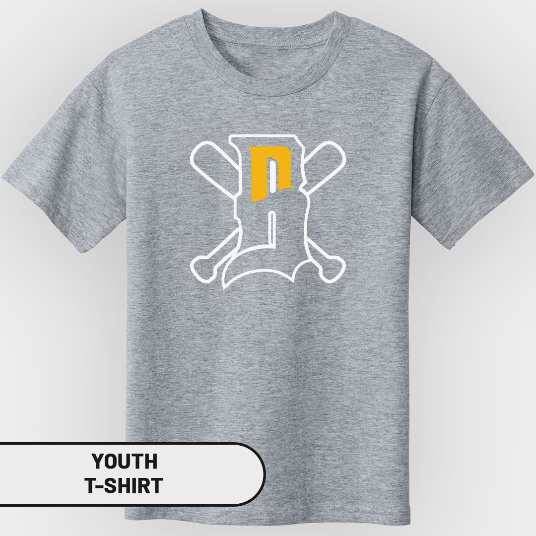 Gray youth t-shirt with white outline of baseball bat and ball, yellow "D" logo.