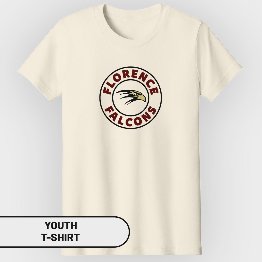 Cream youth t-shirt with circular "Florence Falcons" logo featuring a hawk.