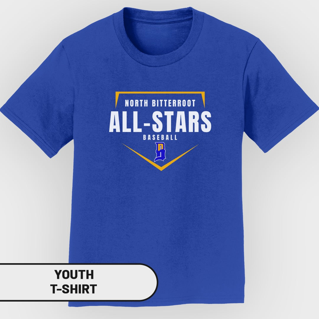 Youth t-shirt with "North Bitterroot All-Stars Baseball" logo.