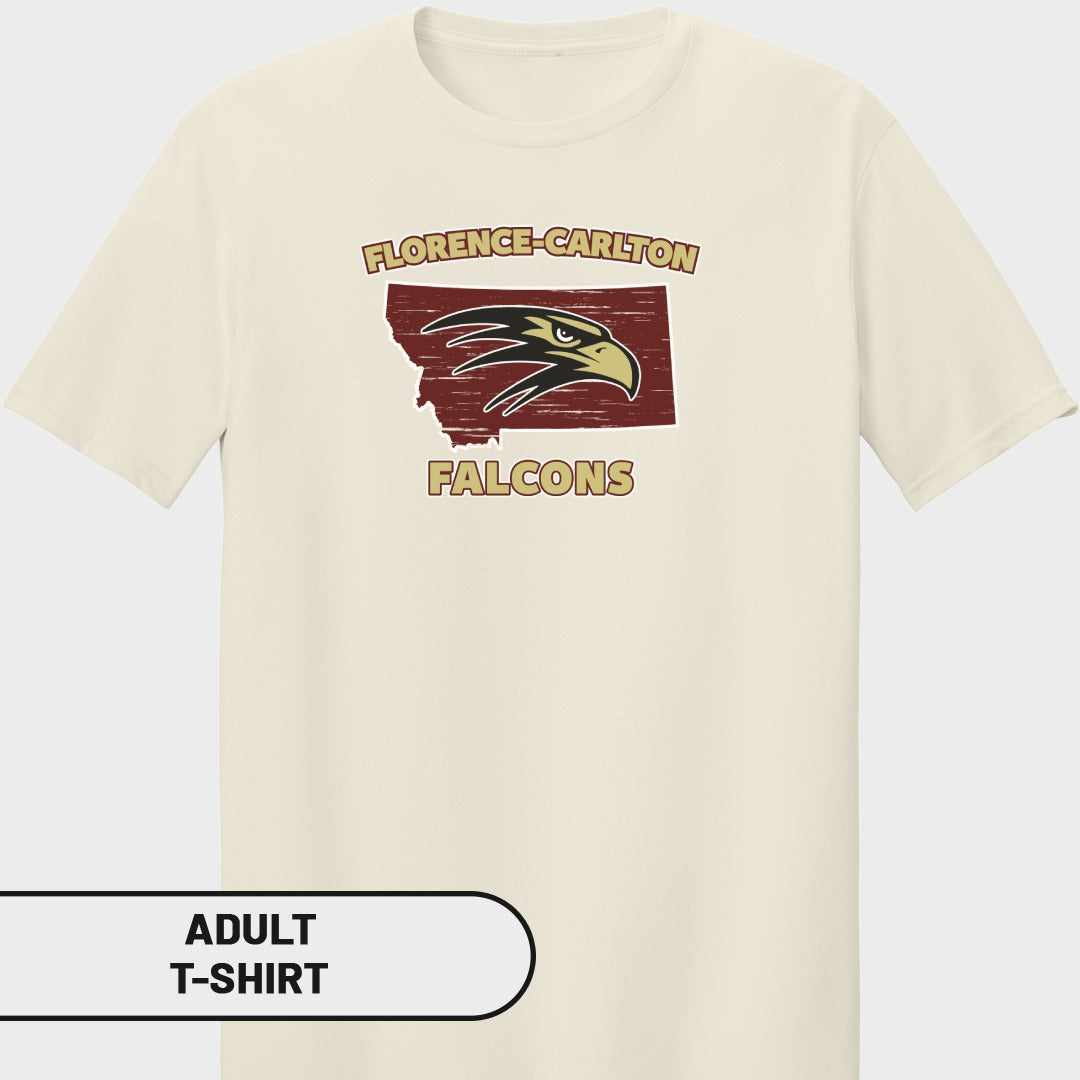 Cream t-shirt with Florence-Carlton Falcons logo inside Montana outline.
