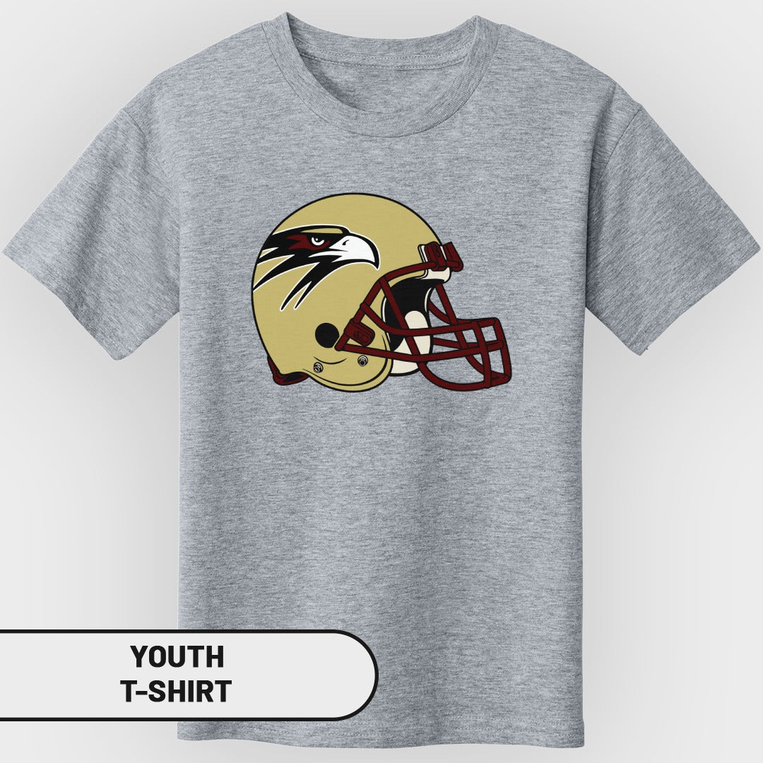 Grey youth t-shirt with a gold football helmet featuring a hawk logo.