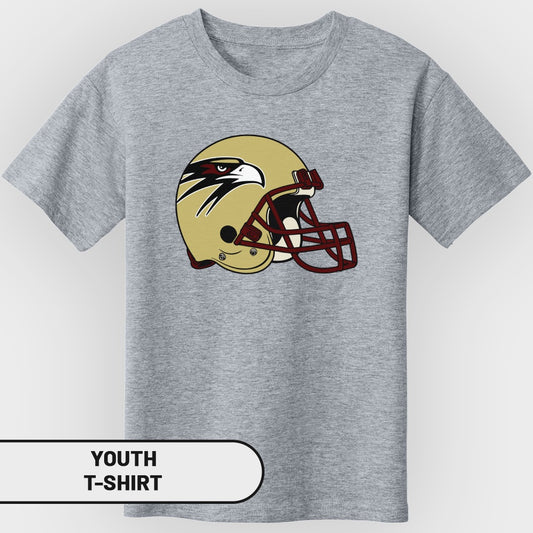 Grey youth t-shirt with a gold football helmet featuring a hawk logo.