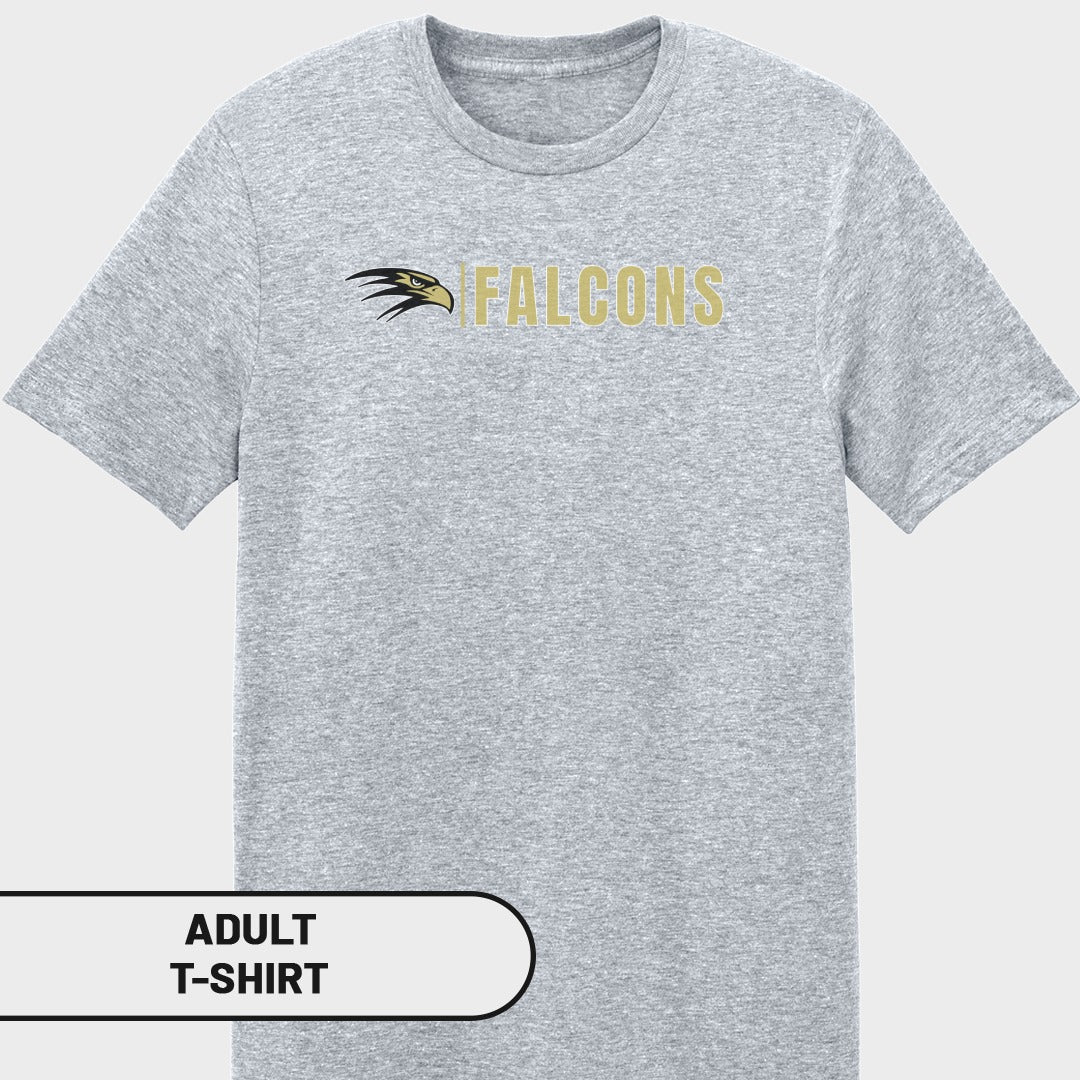 Grey adult t-shirt with a falcon logo and "FALCONS" text.