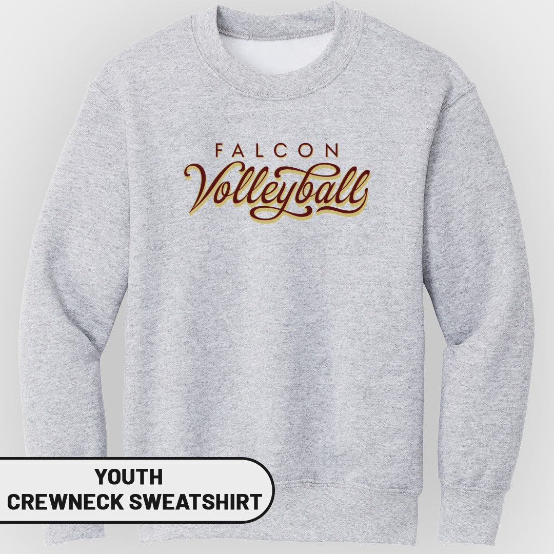 Light grey youth crewneck sweatshirt with "FALCON Volleyball" text.