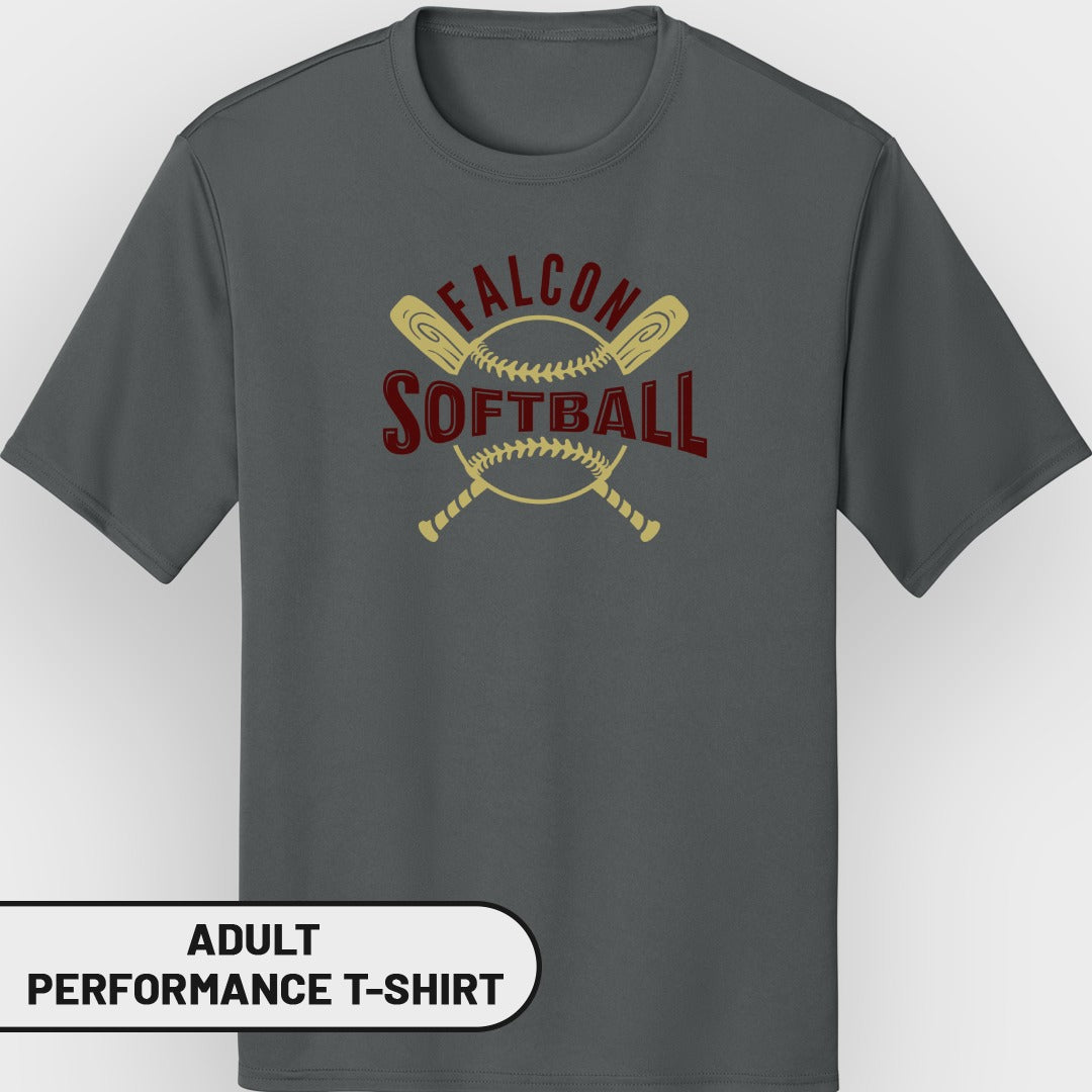 Gray adult performance t-shirt with "Falcon Softball" graphic and baseball bats.