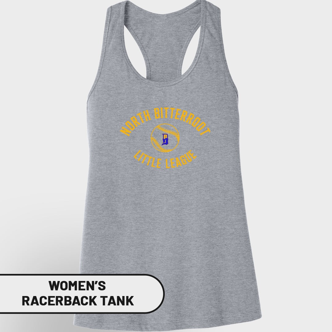 Grey women's racerback tank top with "North Bitterroot Little League" text.
