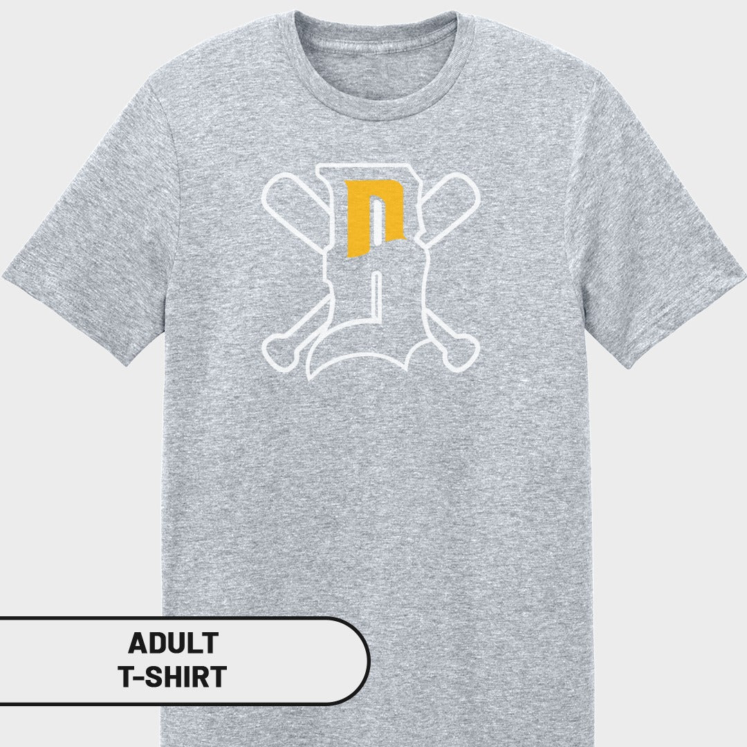 Grey t-shirt with white "D" and baseball bat graphic.