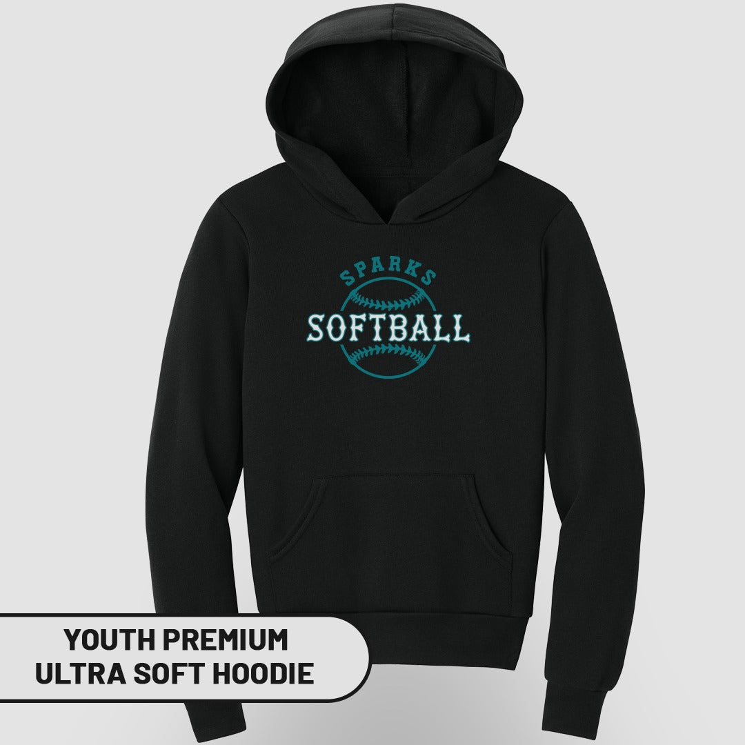 Black youth hoodie with "Sparks Softball" logo and "Youth Premium Ultra Soft Hoodie" text.