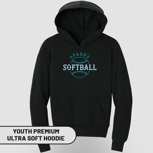 Black youth hoodie with "Sparks Softball" logo and "Youth Premium Ultra Soft Hoodie" text.