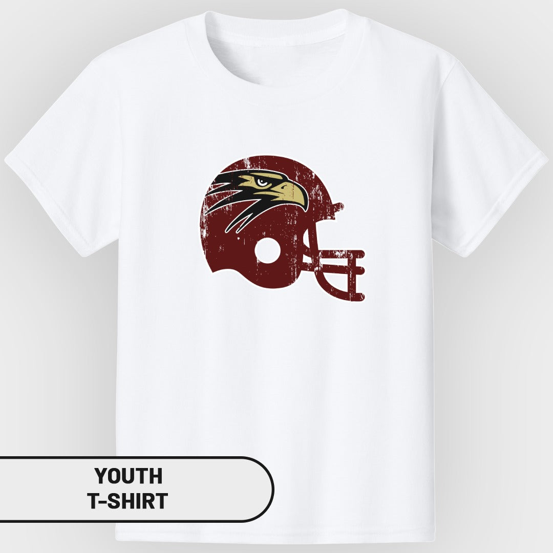 White youth t-shirt with a distressed maroon football helmet and eagle graphic.