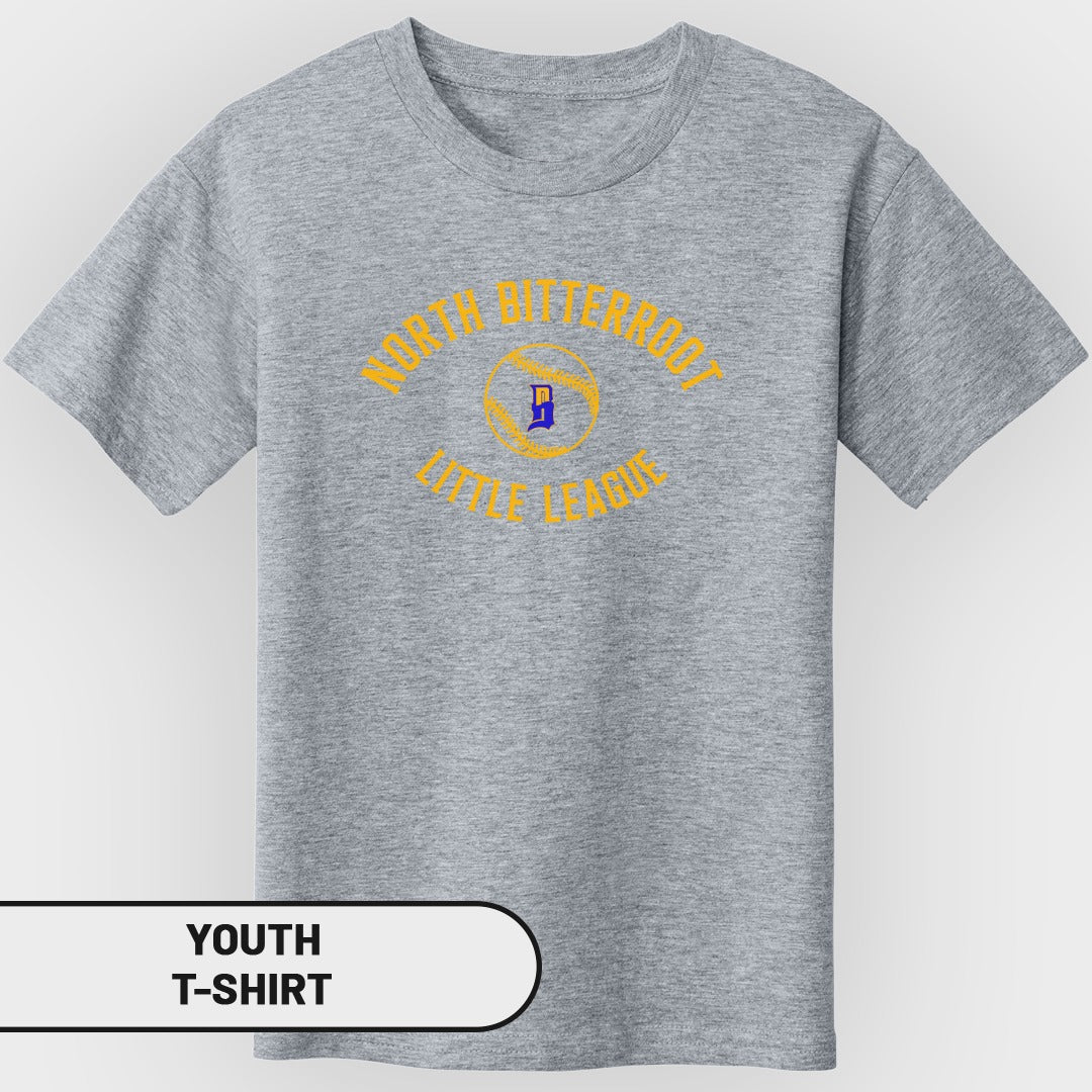 Grey youth t-shirt with "NORTH BUTTERROOT LITTLE LEAGUE" text.