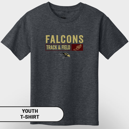 Dark gray youth t-shirt with "FALCONS TRACK & FIELD" and a falcon graphic.