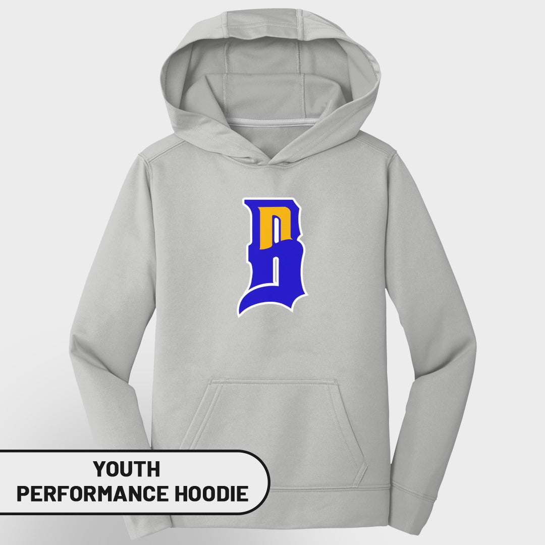 Youth performance hoodie with blue and yellow "B" logo.