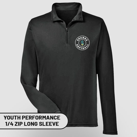 Black youth performance quarter-zip long sleeve shirt with Sparks Softball logo.