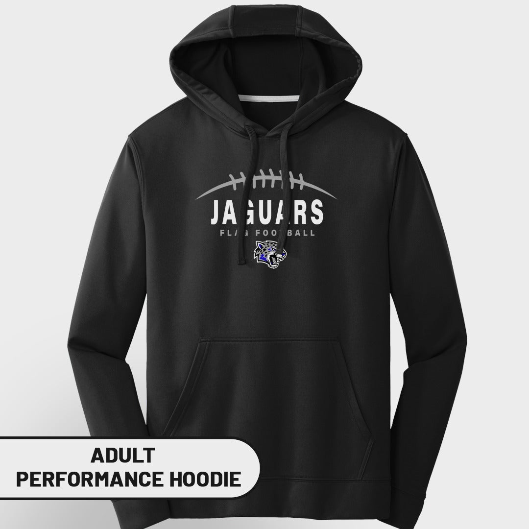 Black adult performance hoodie with Jaguars football logo.