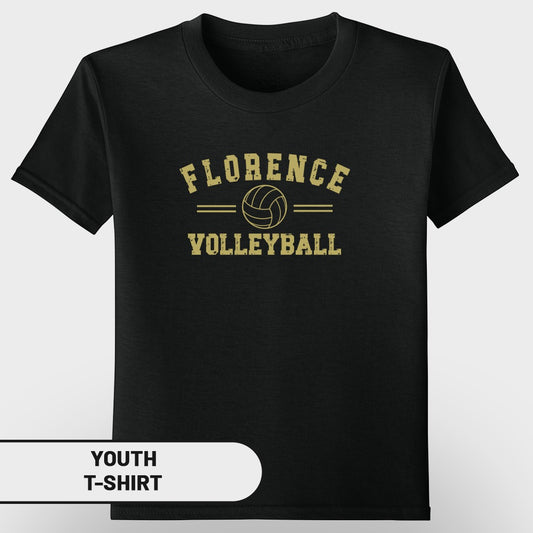 Black youth t-shirt with "Florence Volleyball" graphic and volleyball image.