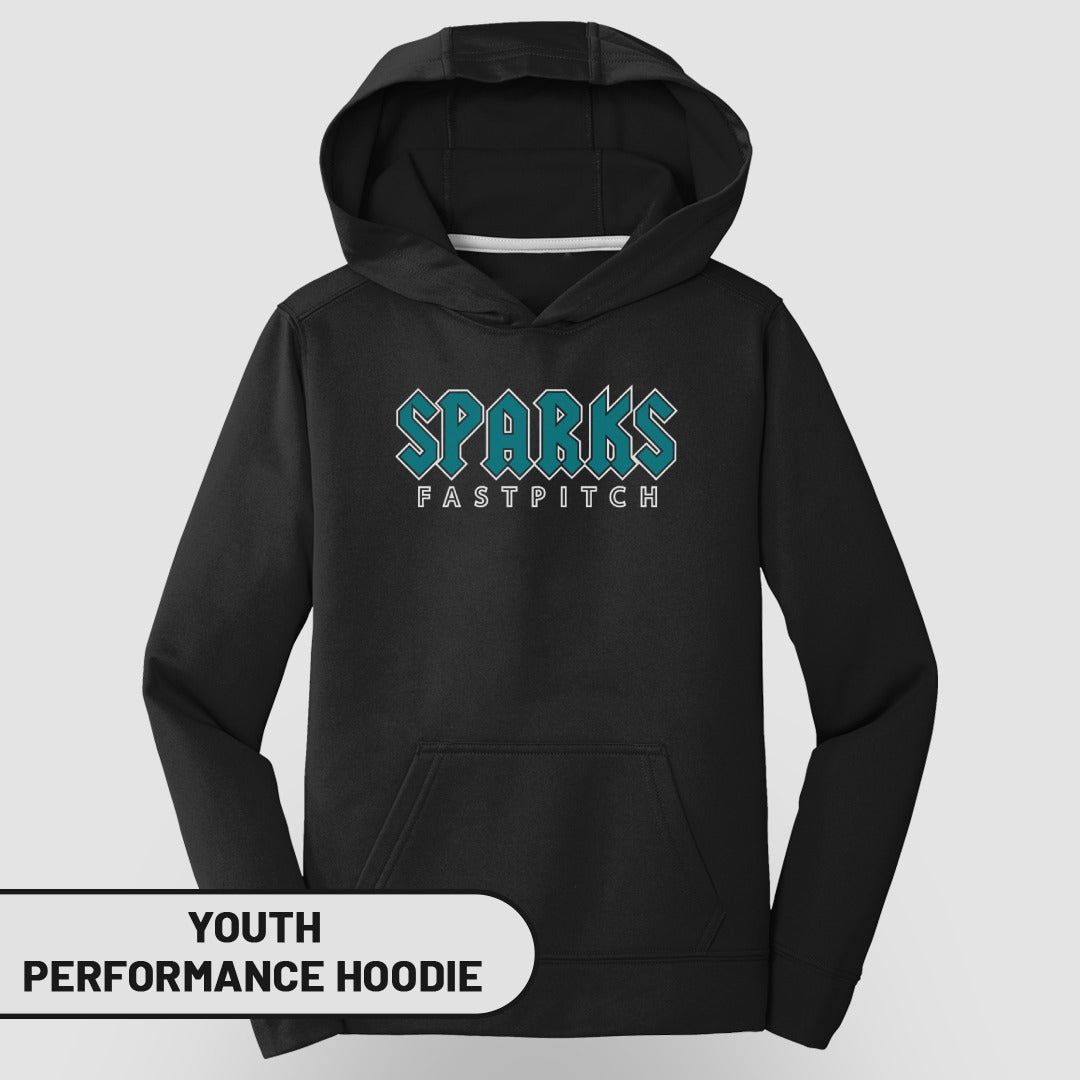 Youth black performance hoodie with "SPARKS FASTPITCH" logo.