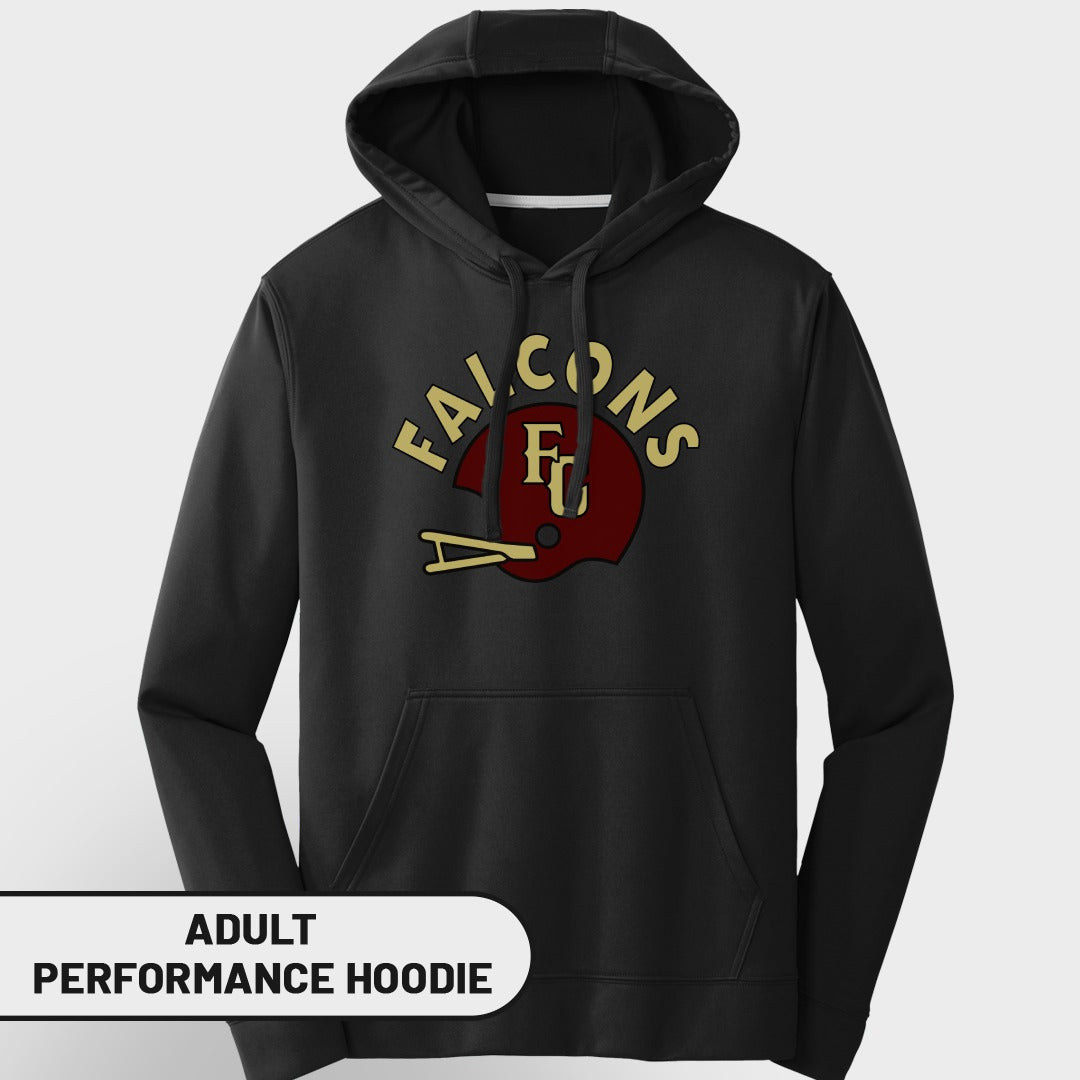 Black adult performance hoodie with maroon and gold "Falcons" helmet logo.