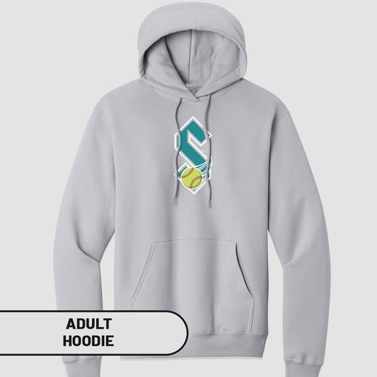 Light grey hoodie with a teal 'S' logo and a yellow softball.