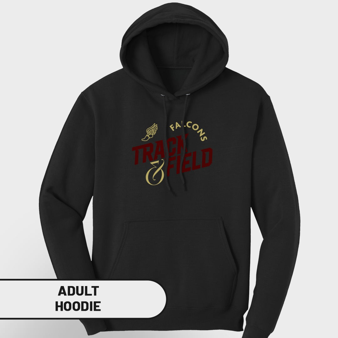 Black adult hoodie with "Falcons Track & Field" graphic and winged running shoe icon.