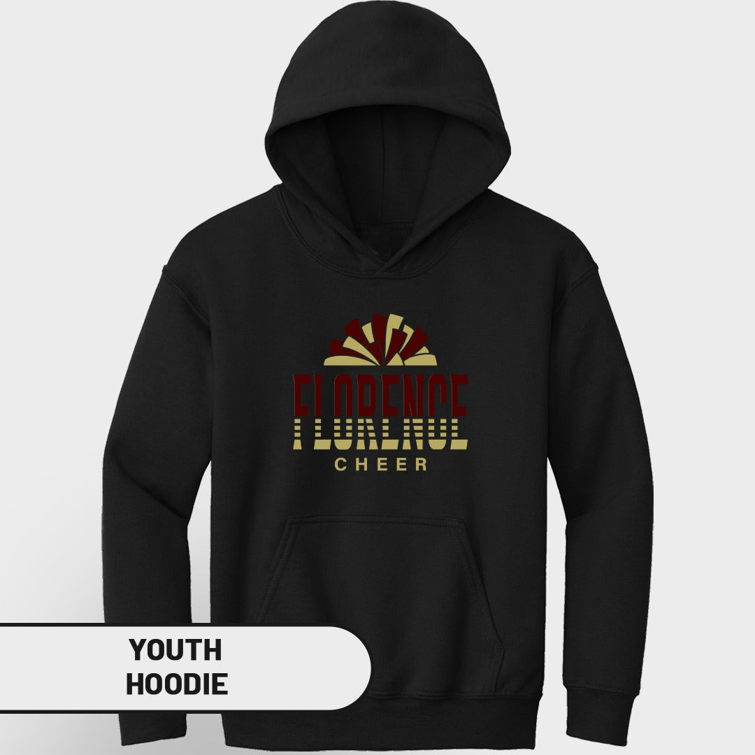 Black youth hoodie with "Florence Cheer" text and a red and gold pom-pom graphic.