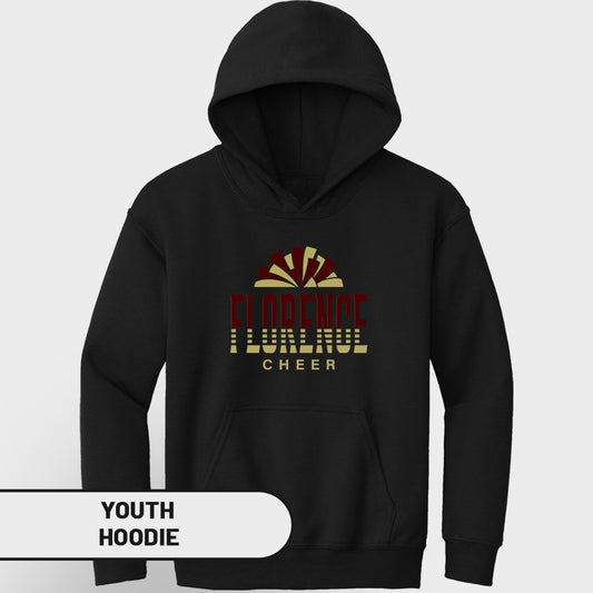 Black youth hoodie with "Florence Cheer" text and a red and gold pom-pom graphic.