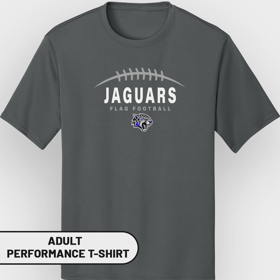 Adult dark gray performance t-shirt with Jaguars flag football logo.