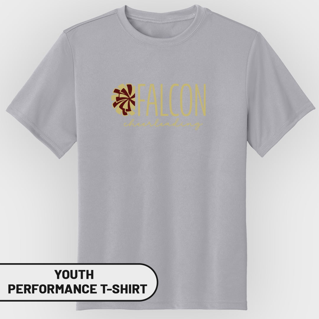 Youth performance t-shirt with "FALCON cheerleading" text and a pom-pom graphic.