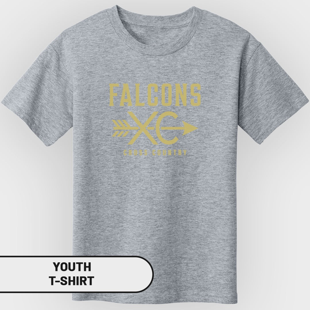Grey youth t-shirt with gold "FALCONS XC CROSS COUNTRY" graphic.