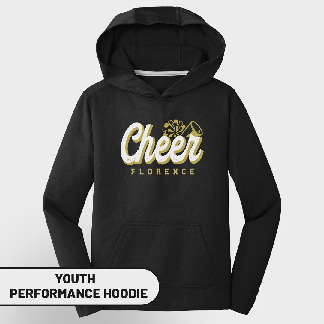 Black youth performance hoodie with "Cheer Florence" graphic and a pom-pom megaphone design.