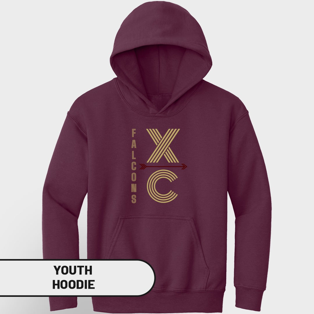 Maroon youth hoodie with "FALCONS XC" graphic on the front.