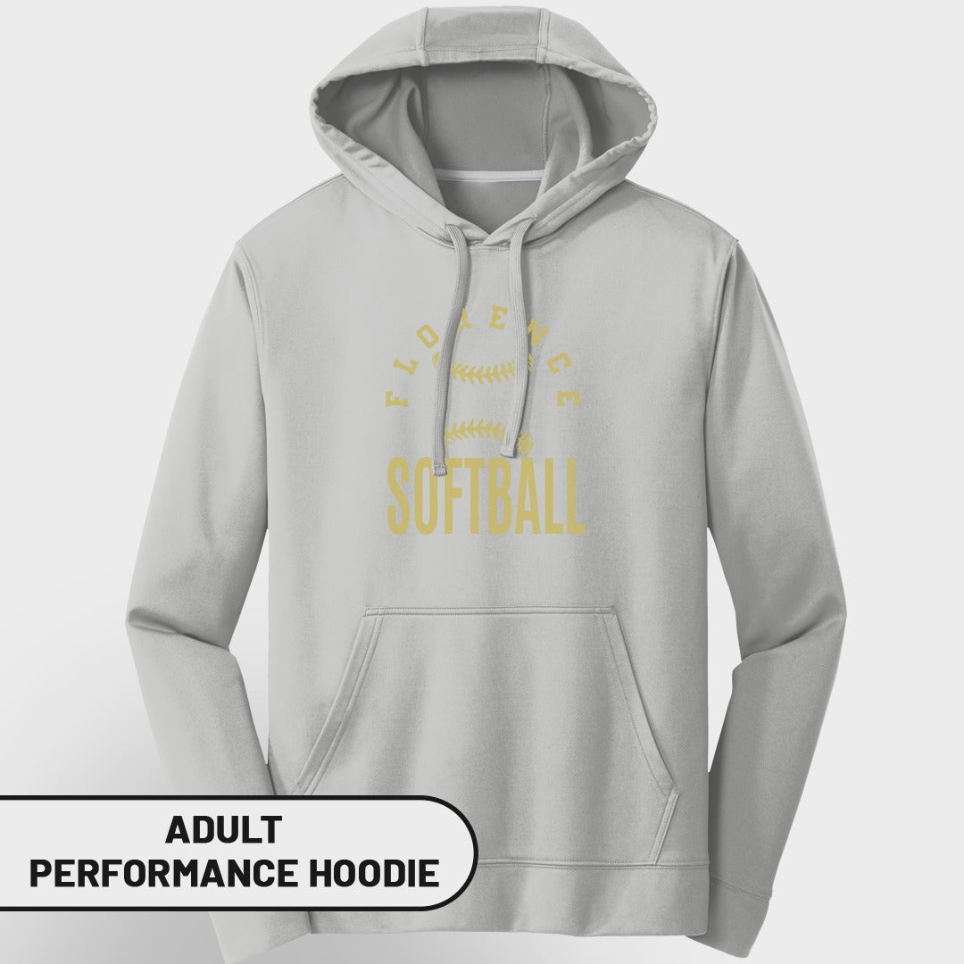 Gray adult performance hoodie with "Florence Softball" graphic and softball detail.