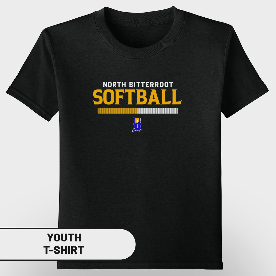 Black youth t-shirt with "North Bitterroot Softball" and a yellow and blue "B" logo.