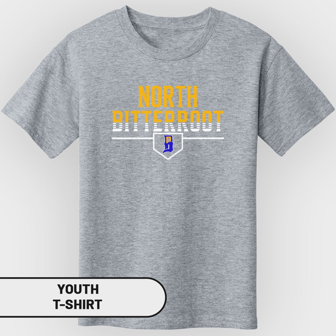 Youth North Bitterroot t-shirt with a white and yellow distressed logo.