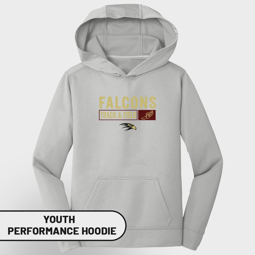 Light gray youth performance hoodie with "FALCONS TRACK & FIELD" text and a falcon graphic.