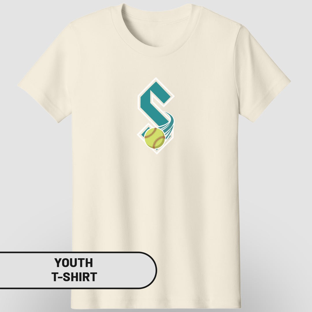 Cream youth t-shirt with a teal "S" logo and a softball graphic.