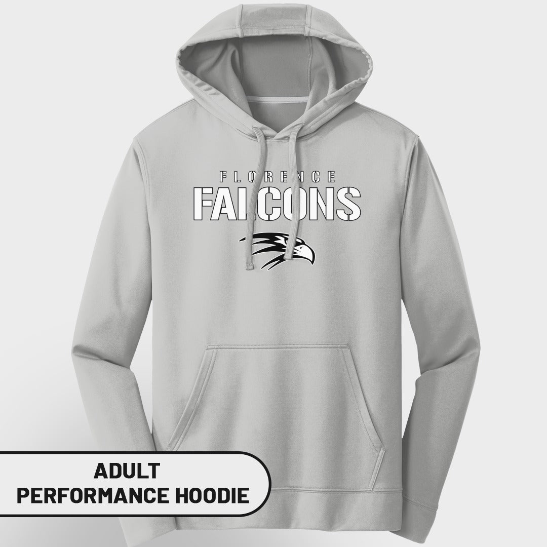 Light grey adult performance hoodie with Florence Falcons logo and text.