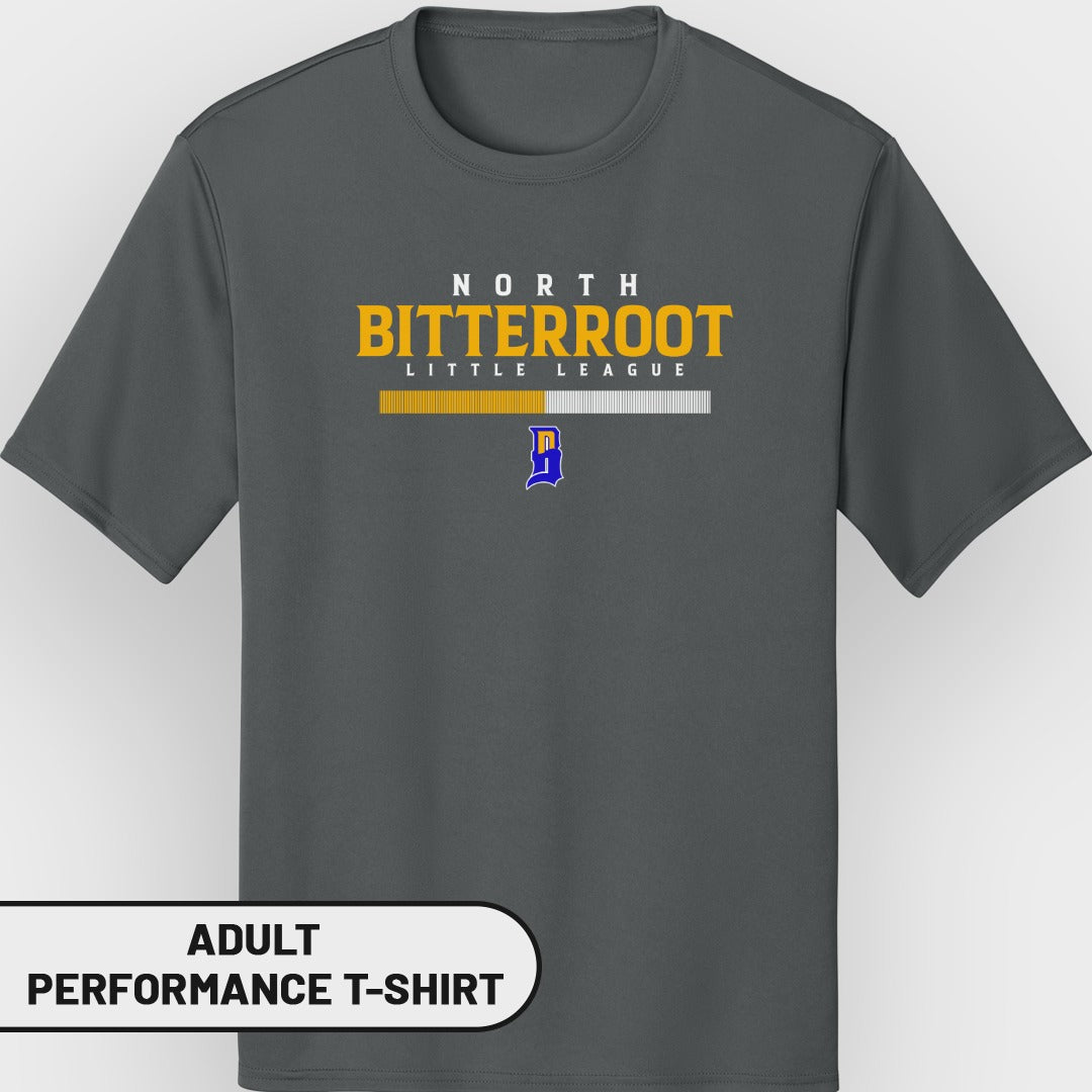 Adult dark gray performance t-shirt with North Bitterroot Little League logo.